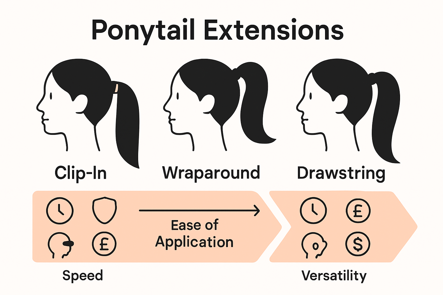Infographic comparing clip-in, wraparound, and drawstring ponytail extension types with icons and benefits.