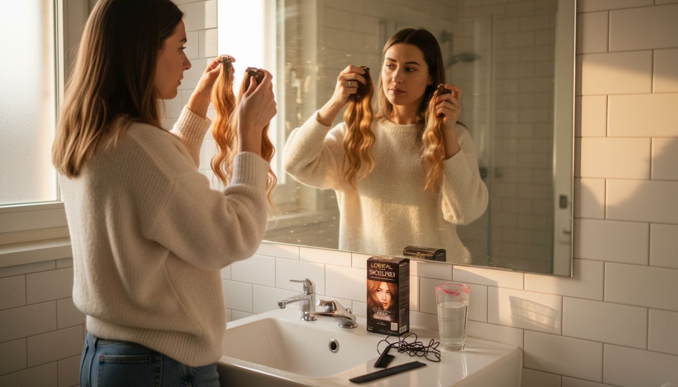 Choosing hair extensions by color matching in bathroom