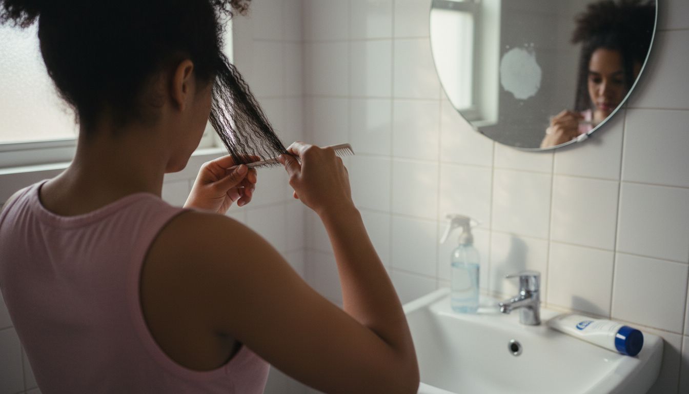 Woman parting hair in bathroom for extensions