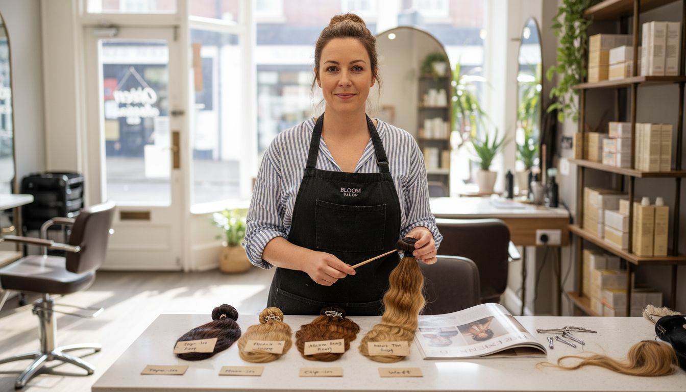 Stylist demonstrates types of hair extensions
