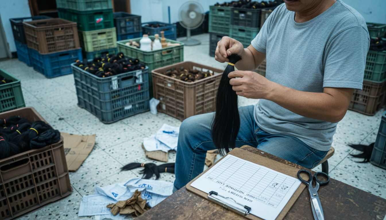 Worker sorting bundles of Remy hair