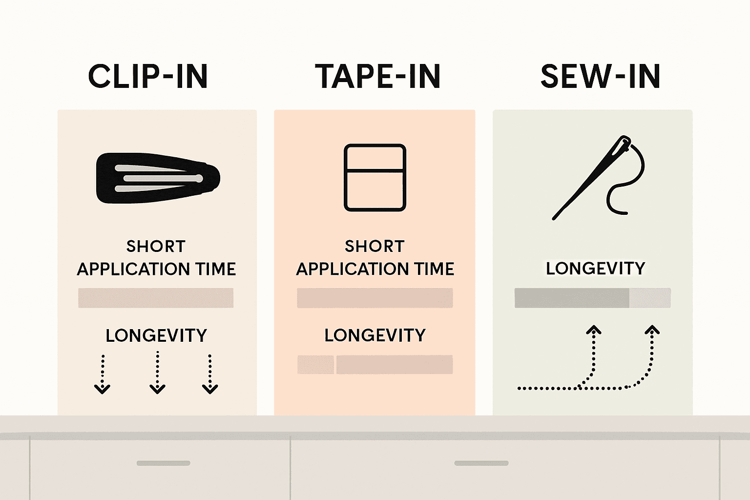 Comparison of clip-in, tape-in, sew-in extensions
