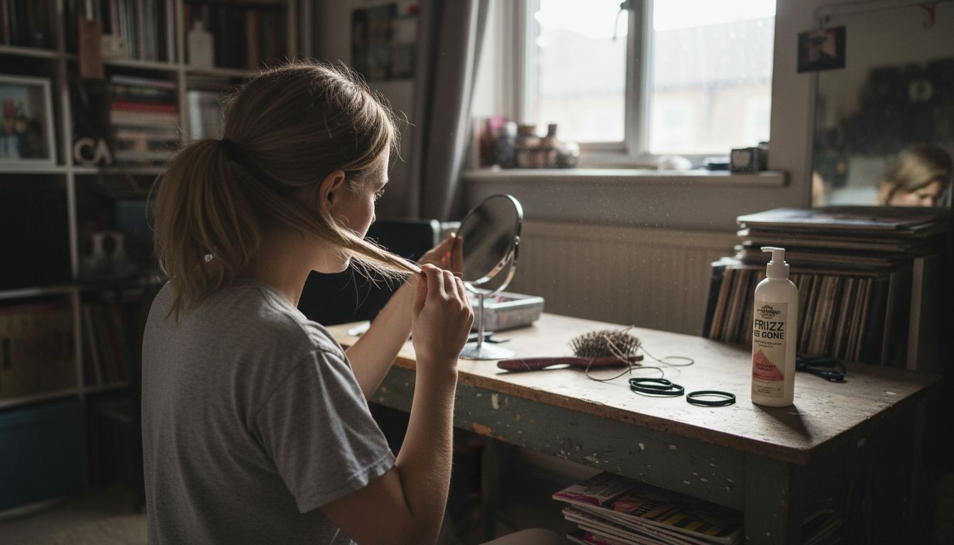 Woman applies ponytail extension at home