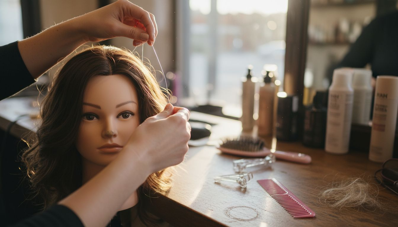 Closeup hands attaching invisible hair extension