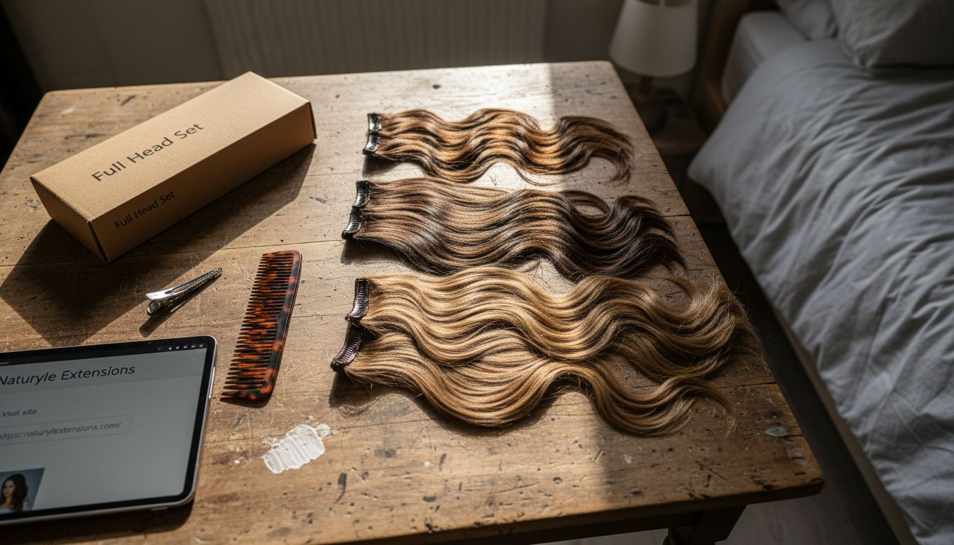 Assorted clip-in hair extension wefts on table