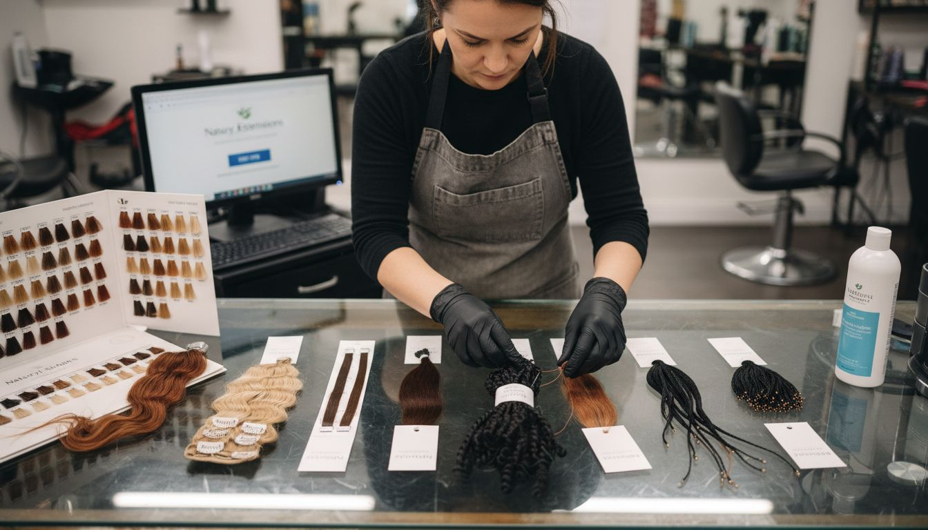 Salon technician sorting hair extension samples