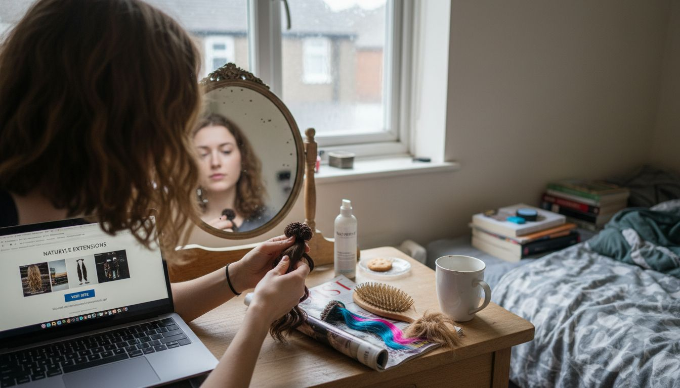 Woman comparing real and synthetic hair samples