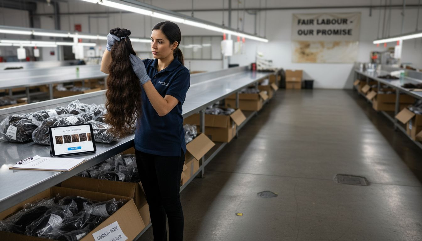 Worker inspecting sourced hair extensions