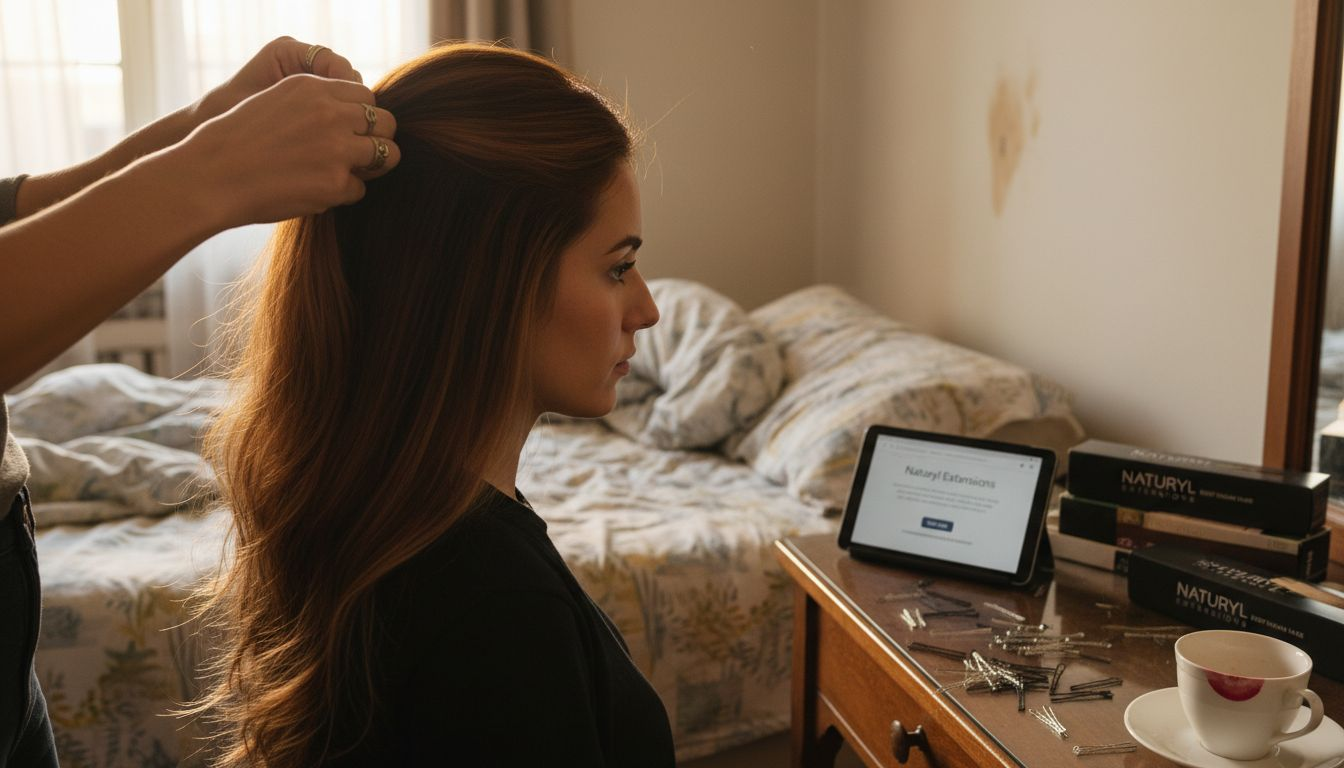 Close-up natural hair extensions being applied