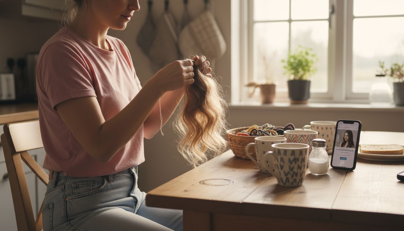 Woman styles low ponytail extension at kitchen table