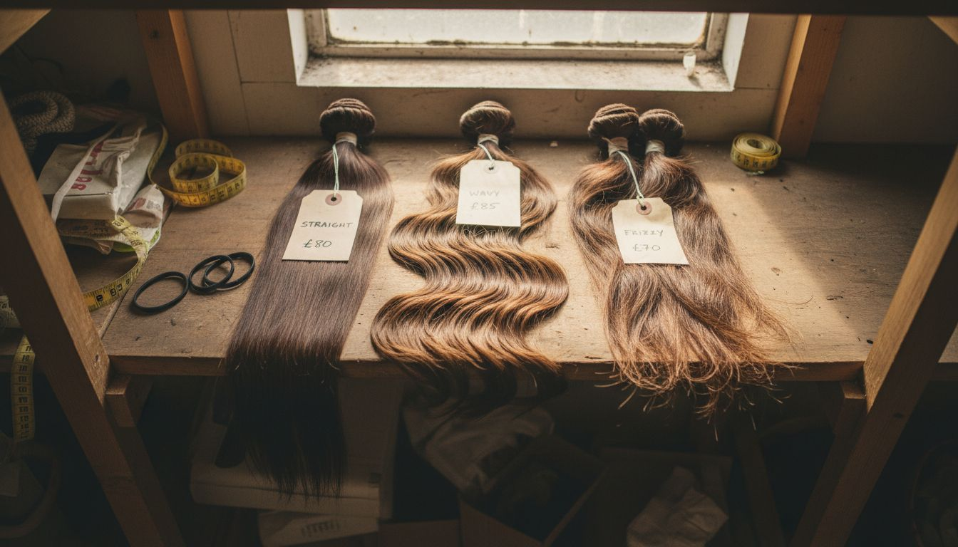 Different textures of Remy hair bundles on shelf