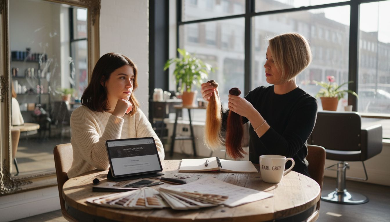 Client and stylist comparing hair extension lengths