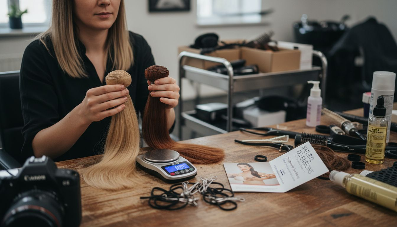 Stylist comparing hair extension weight at salon