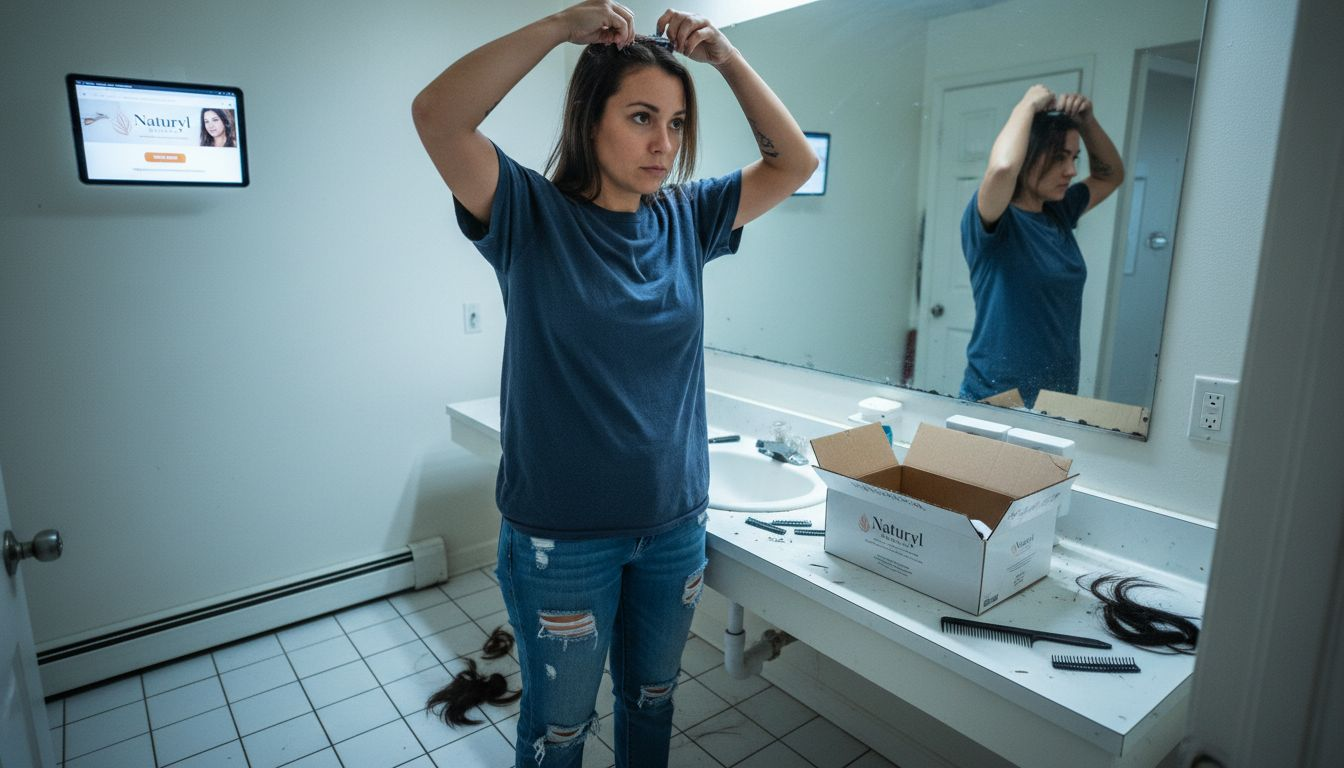 Woman attaching clip-in hair extensions in bathroom