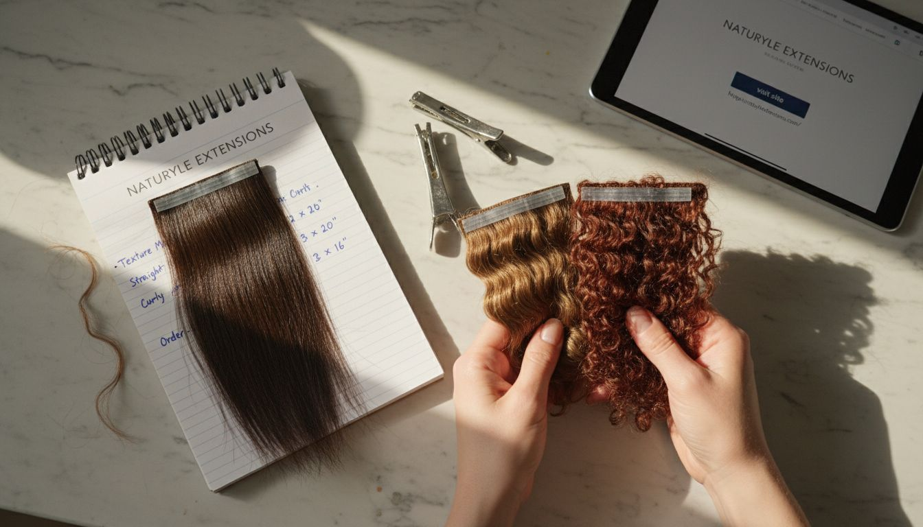 Hands display various tape-in hair extension textures