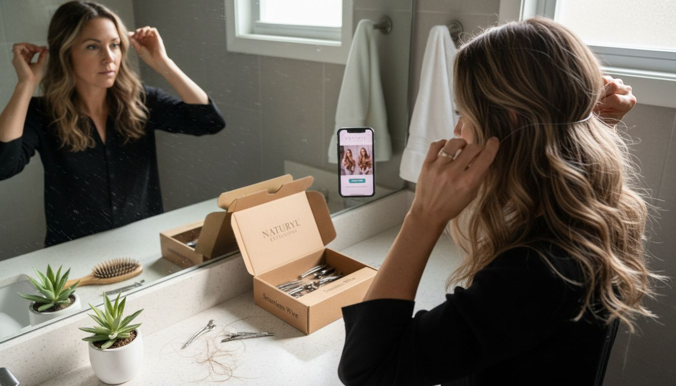 Woman fitting invisible wire extension in bathroom
