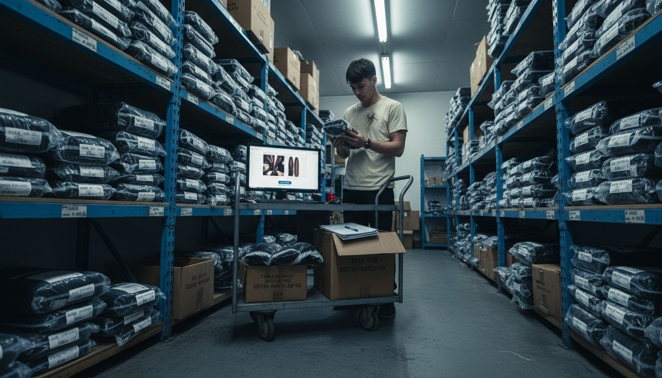 Worker handling Remy hair bundles in warehouse