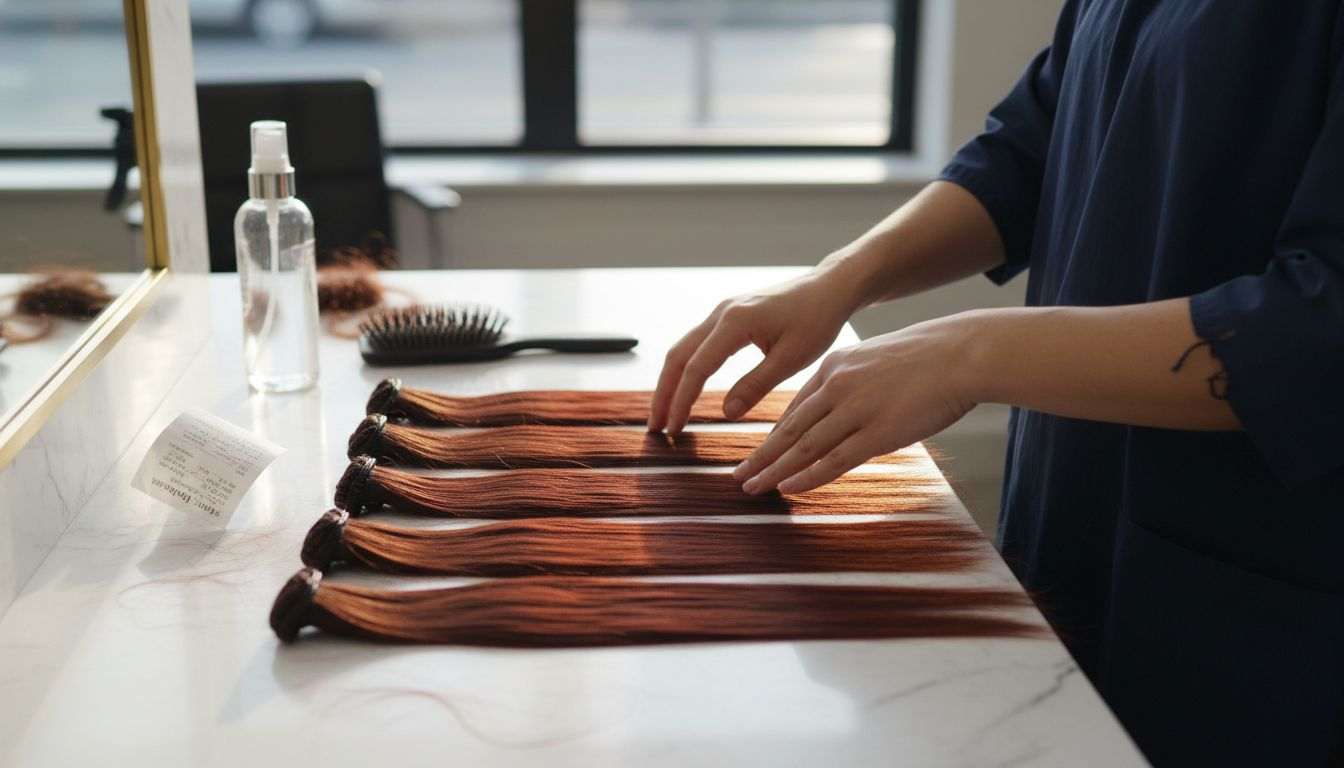 Hands demonstrating aligned Remy hair cuticles
