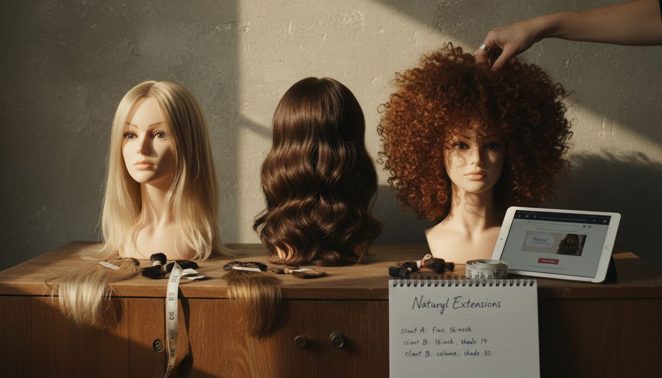 Mannequin heads show hair extension thickness options