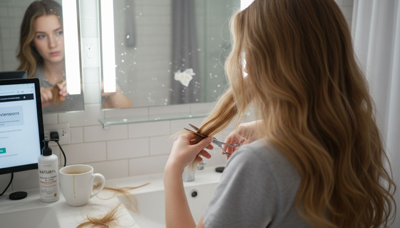 Person trimming hair at bathroom sink