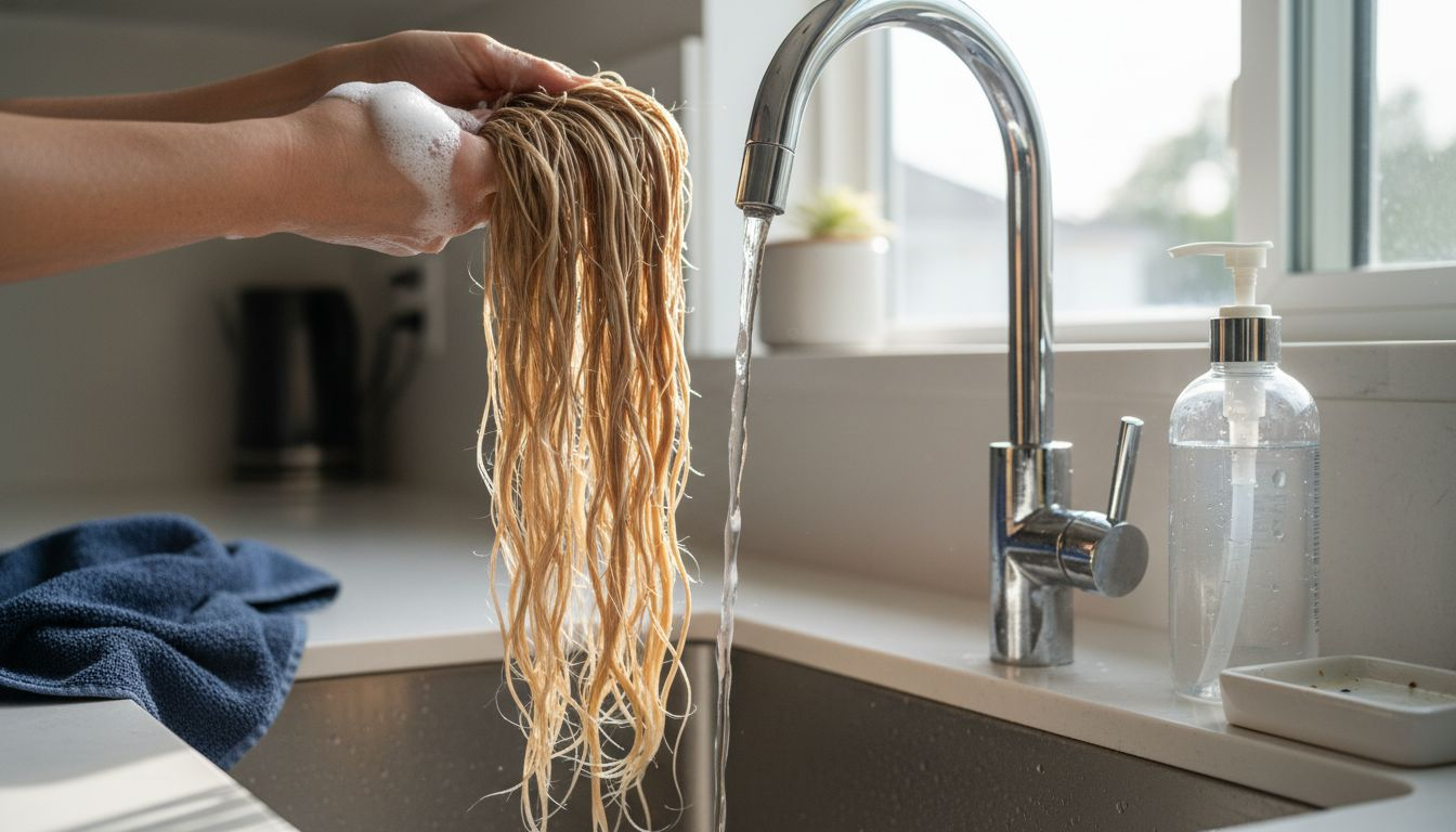 Hands gently washing Remy hair extensions