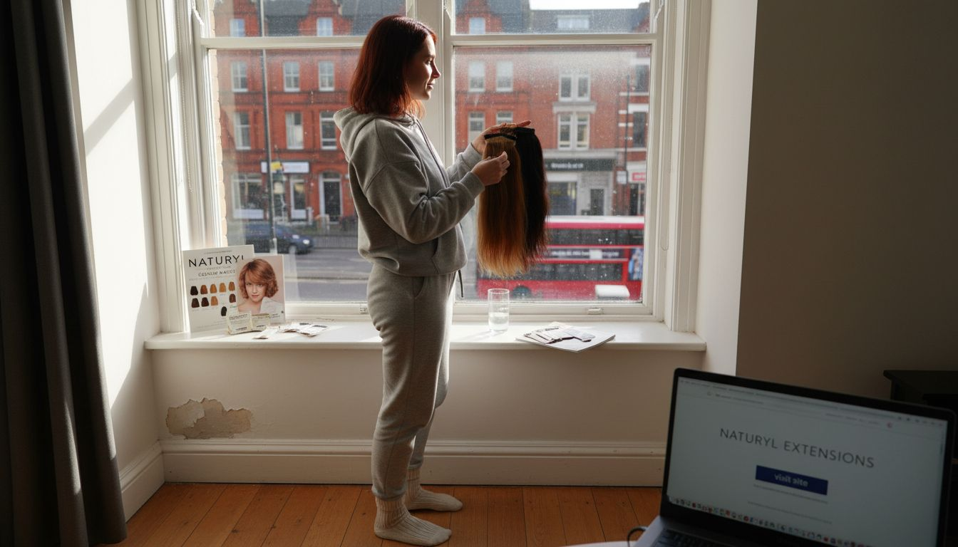 Comparing hair extension samples beside window