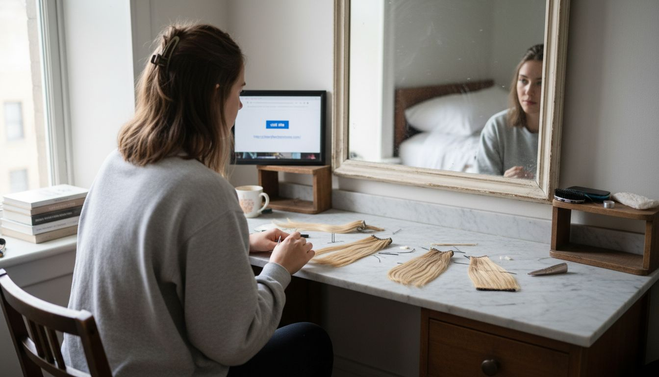 Woman inspecting tape-in and micro-ring extensions