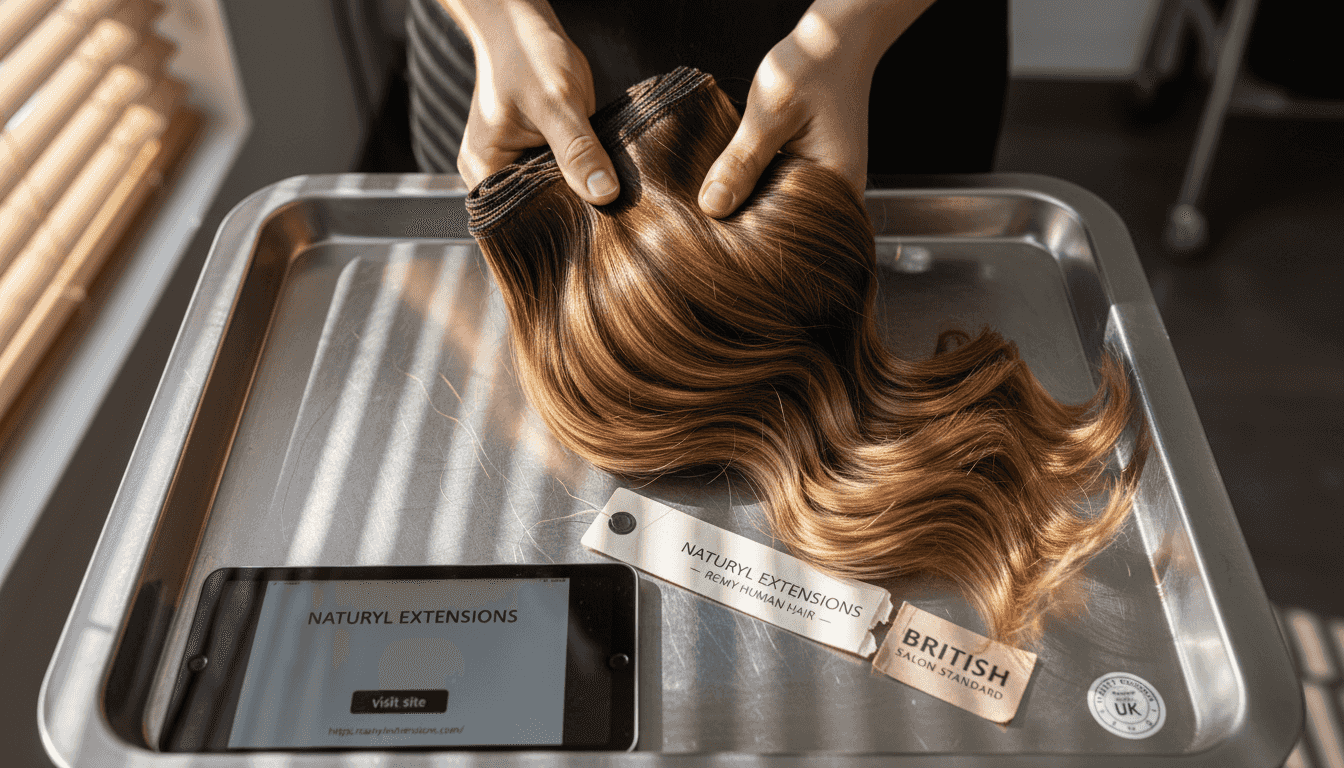 Closeup hands holding Remy hair extensions