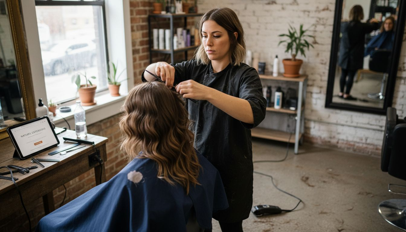Stylist blending extensions at salon workstation