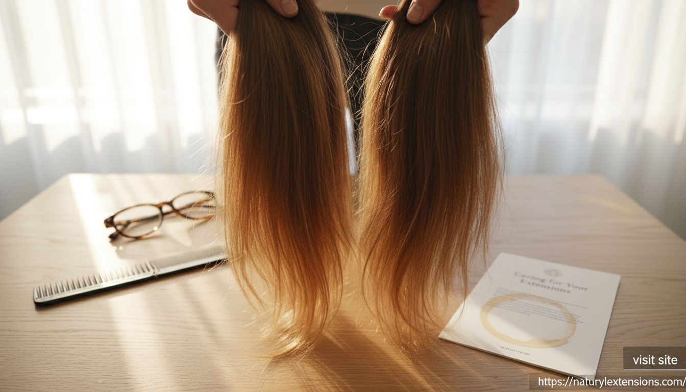 Hands showing aligned Remy hair strands closeup