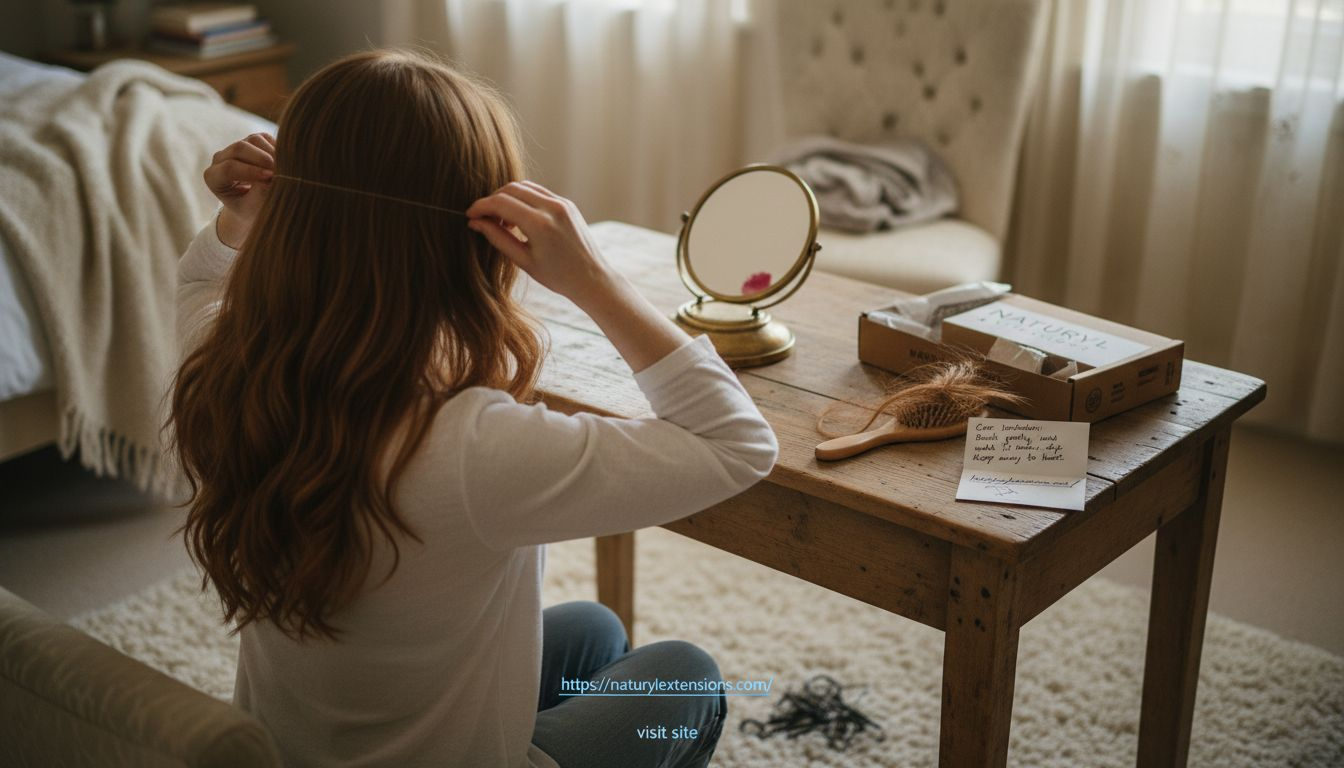 Woman adjusting invisible wire hair extension