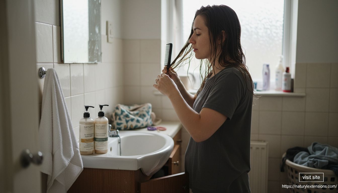 Woman prepping hair before extensions in bathroom