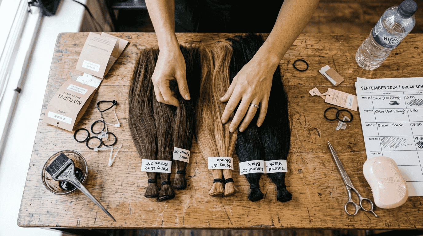 Hands sorting Remy hair extensions bundles