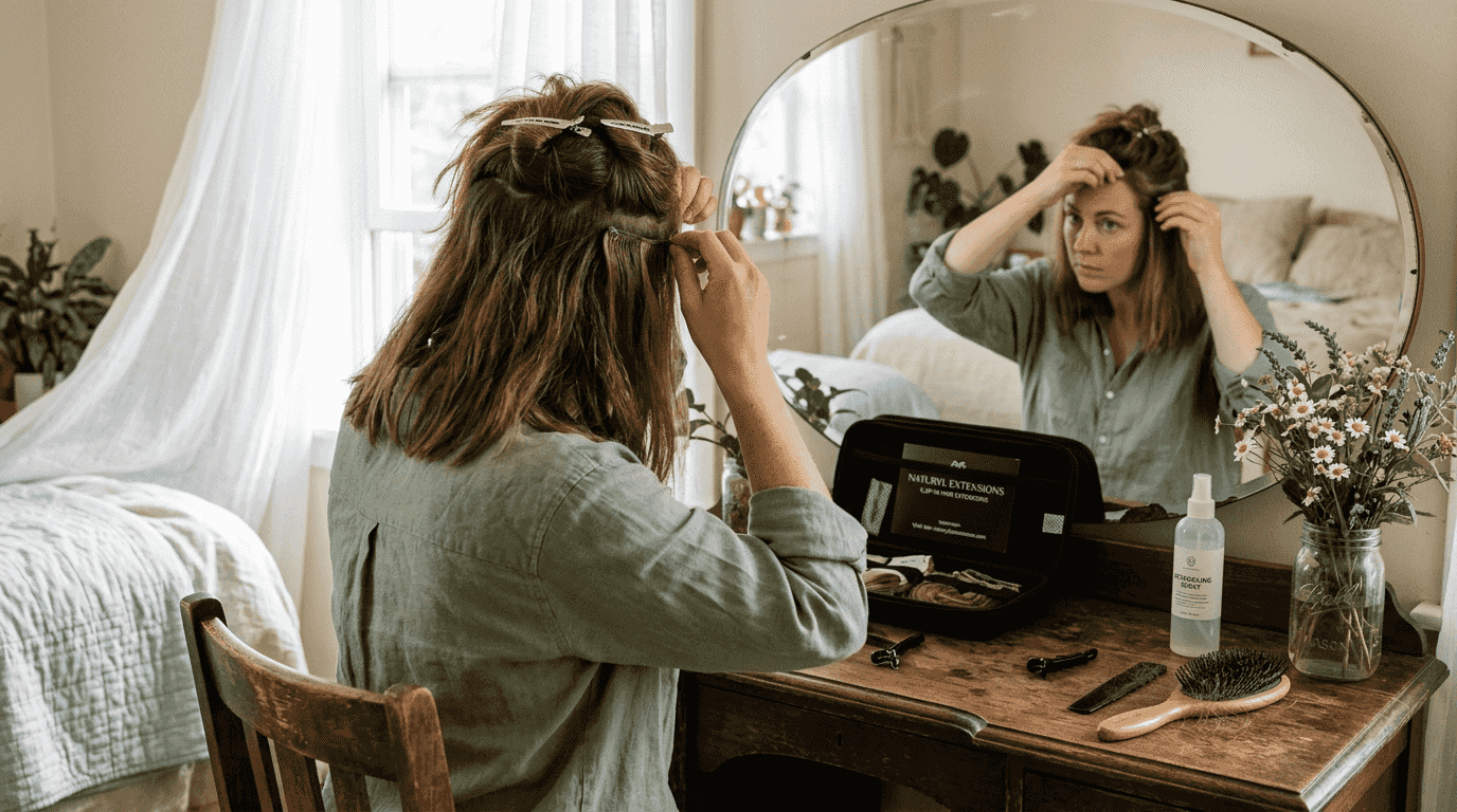 Woman applying clip-in hair extensions at home