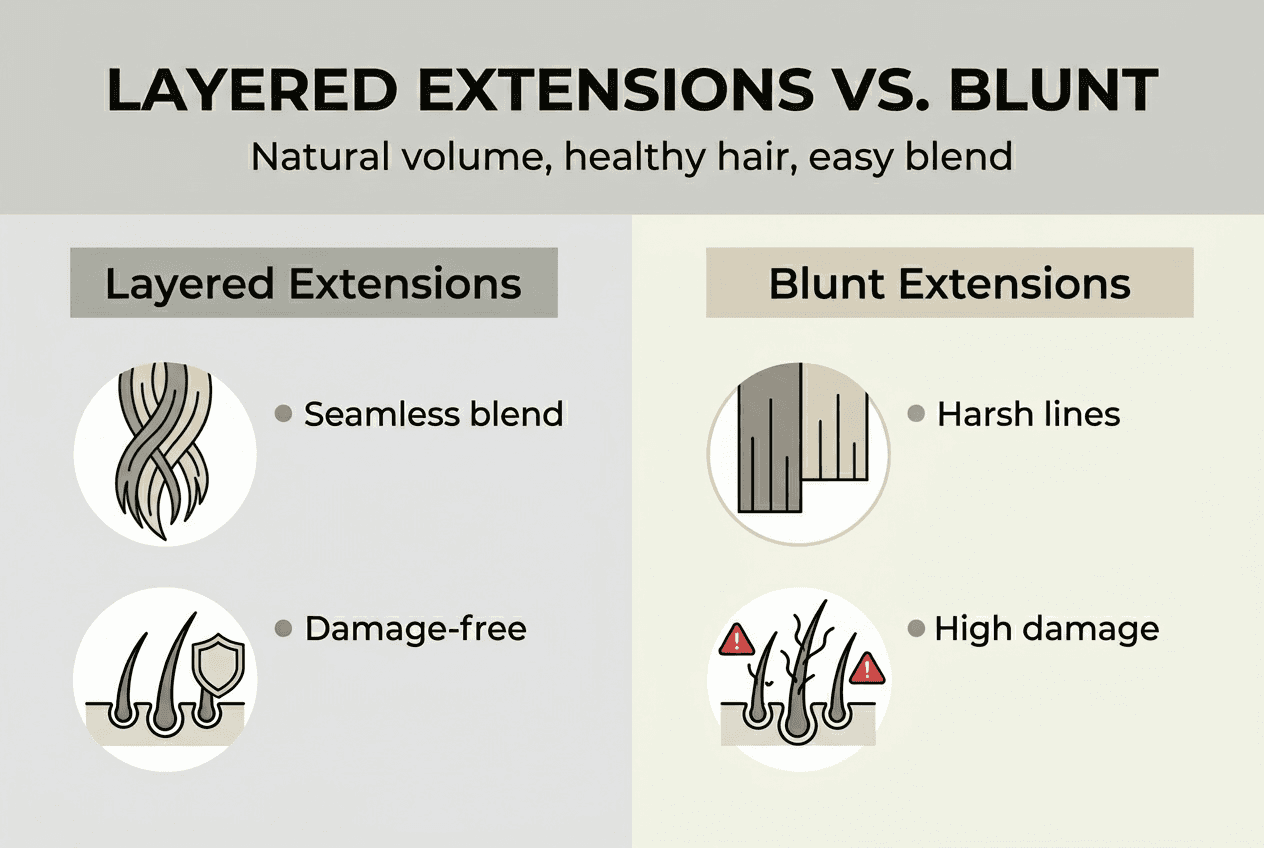 Infographic comparing layered and blunt hair extensions