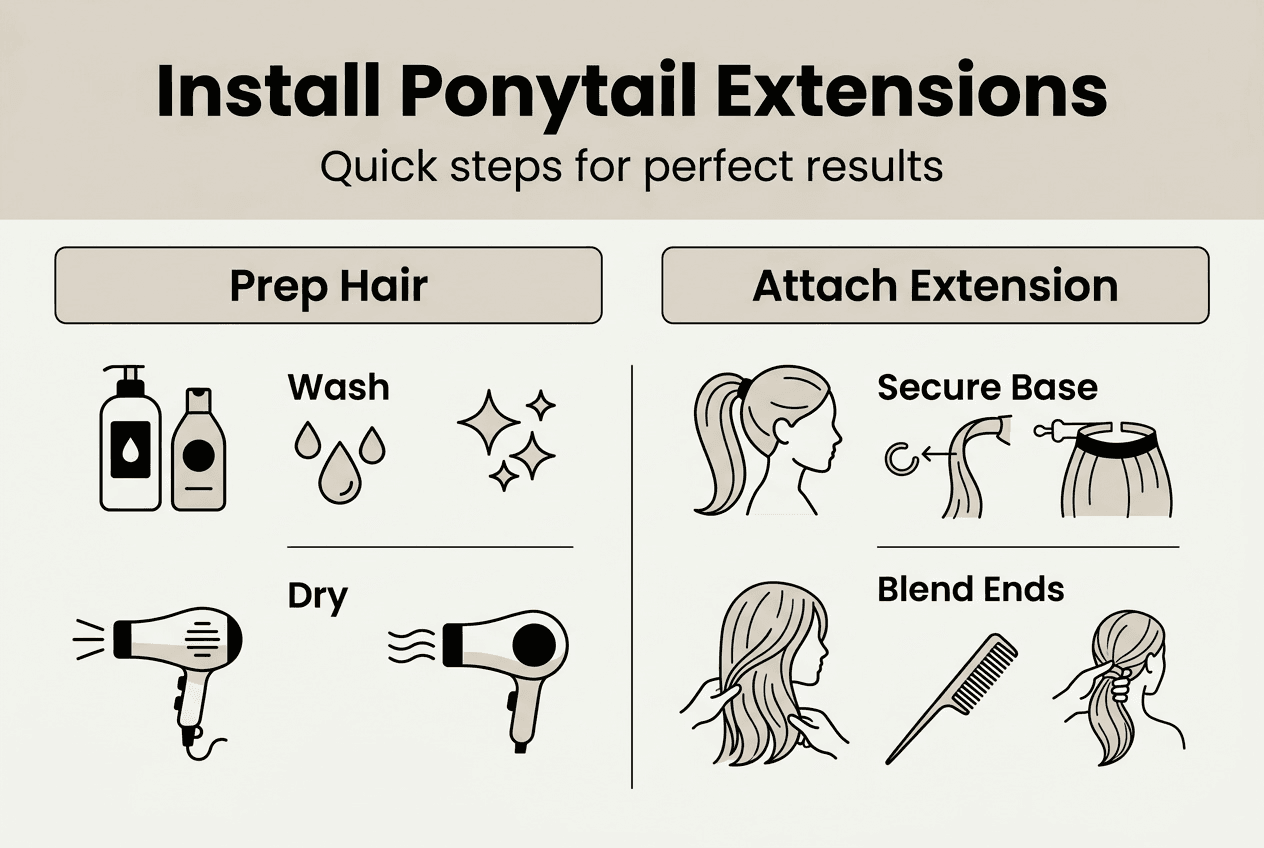 Infographic showing ponytail extension install steps