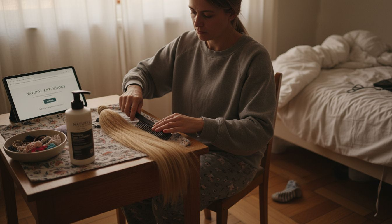 Brushing ponytail extension at bedroom vanity