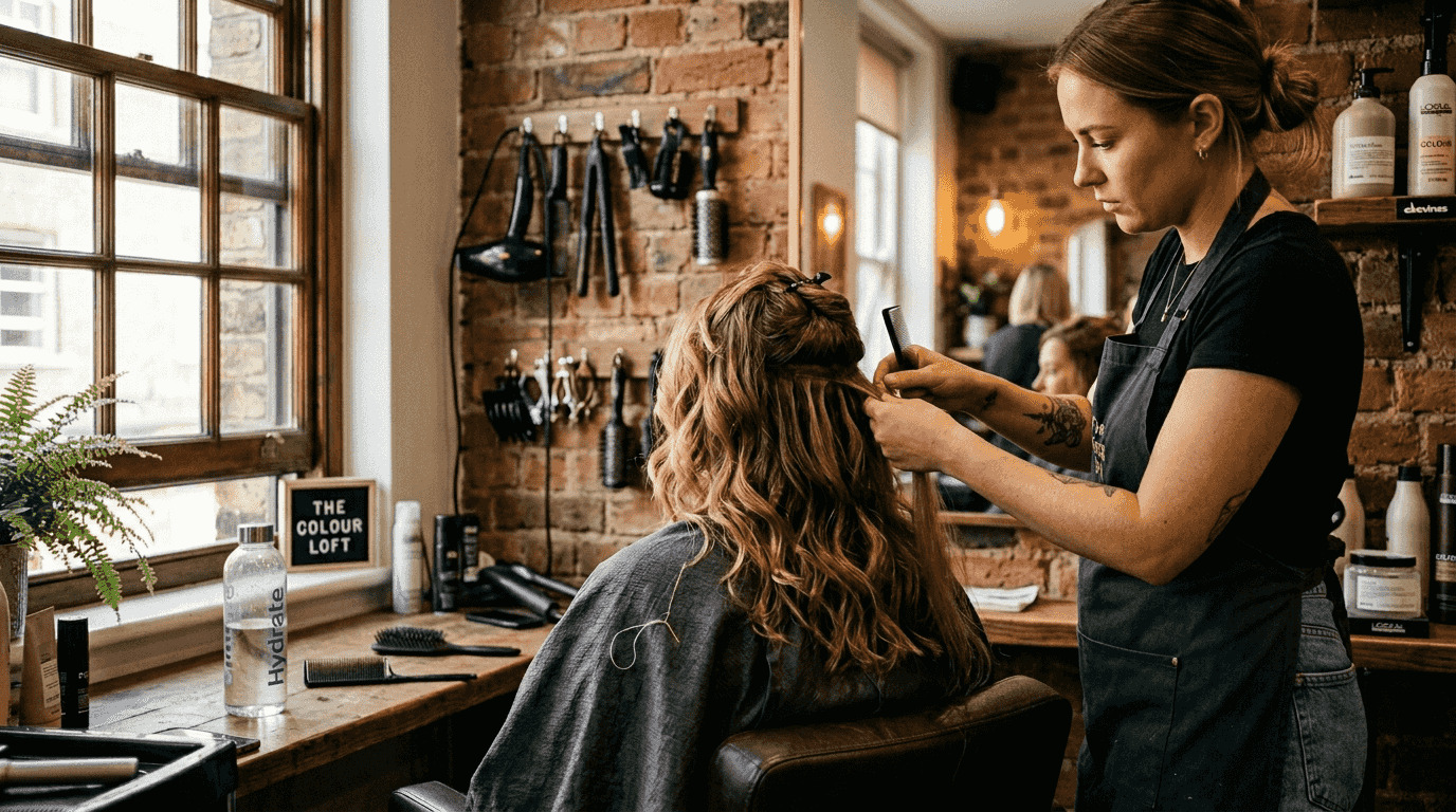 Stylist blending hair extensions for seamless look