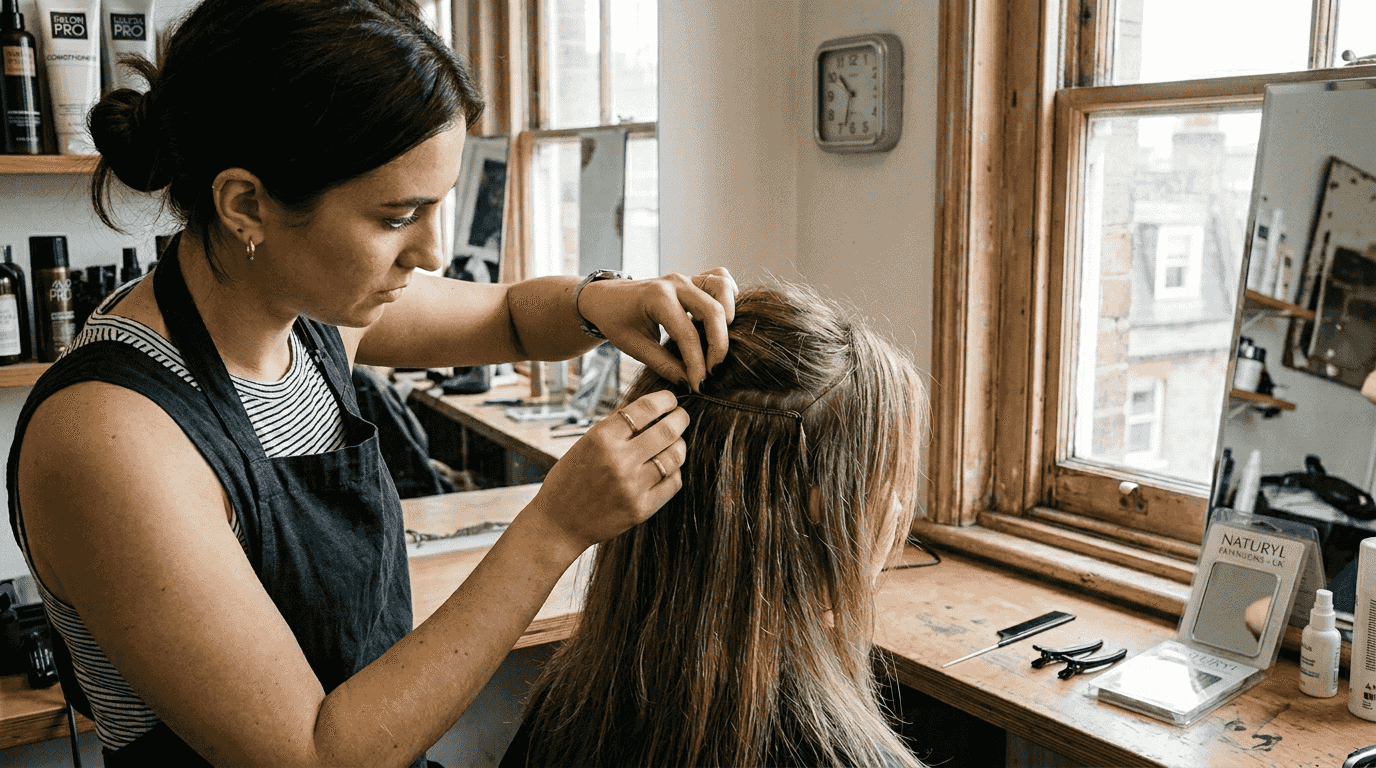Stylist blending wire hair extensions