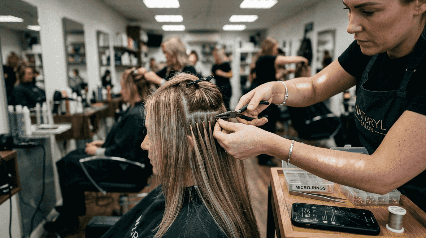 Micro-ring attachment close-up at hair roots