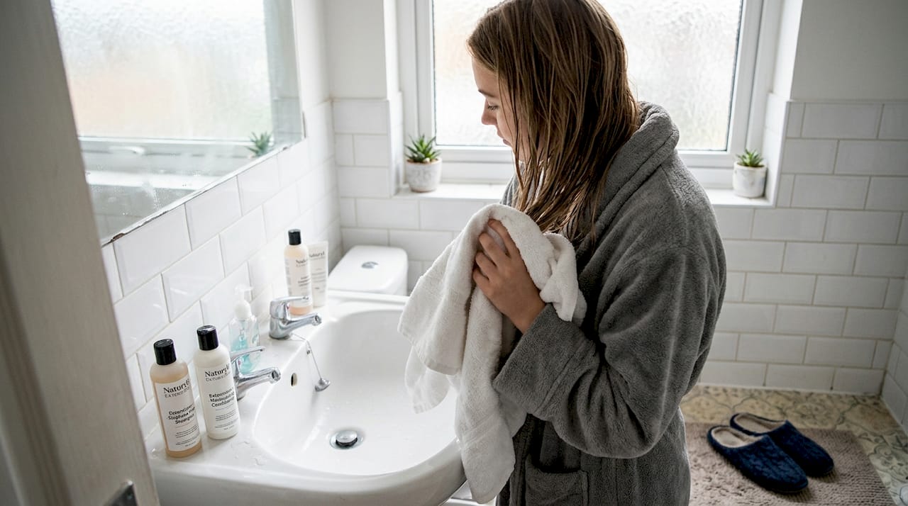 Woman gently drying hair extensions with towel