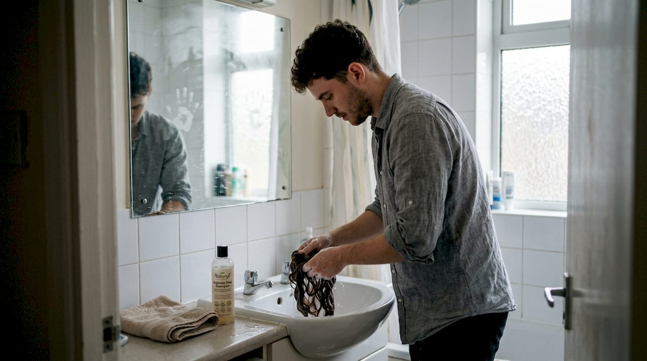 Washing hair extensions in home bathroom sink