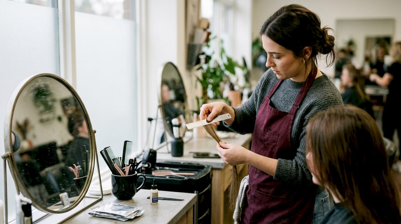 Stylist measures extension next to natural hair