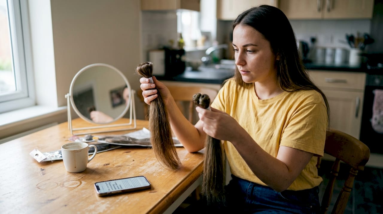 Woman compares hair extension textures