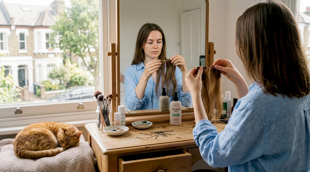Woman compares extension thickness at bedroom vanity