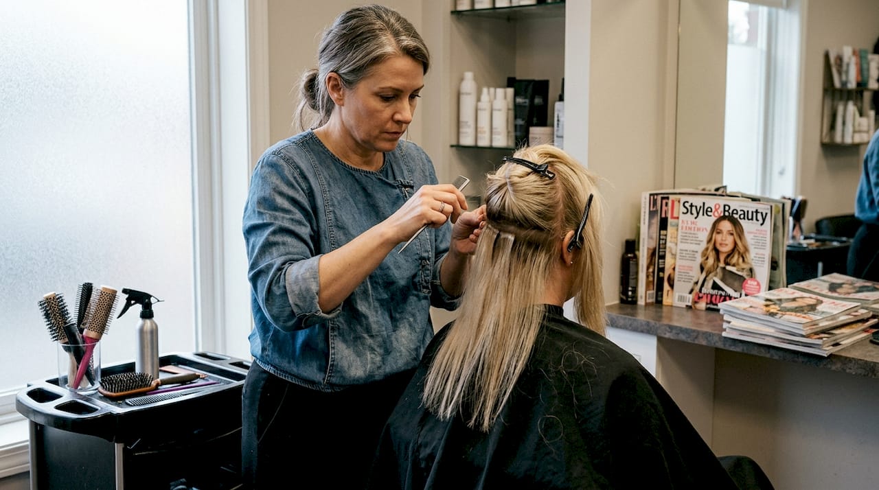 Stylist installing hair extensions in salon