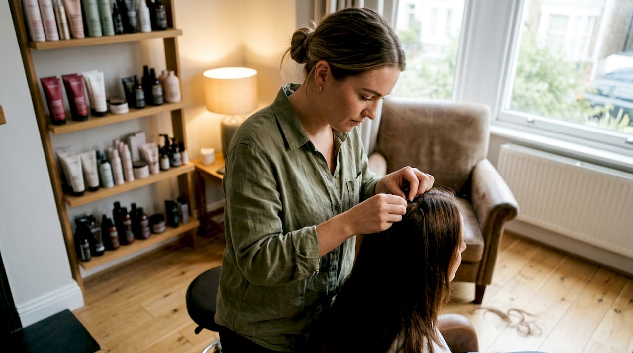 Stylist applying micro-bond hair extensions detail