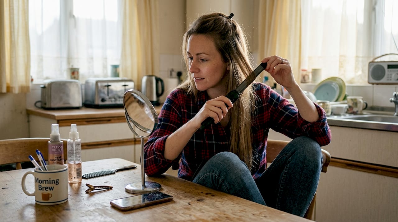 Woman curling hair extensions in kitchen