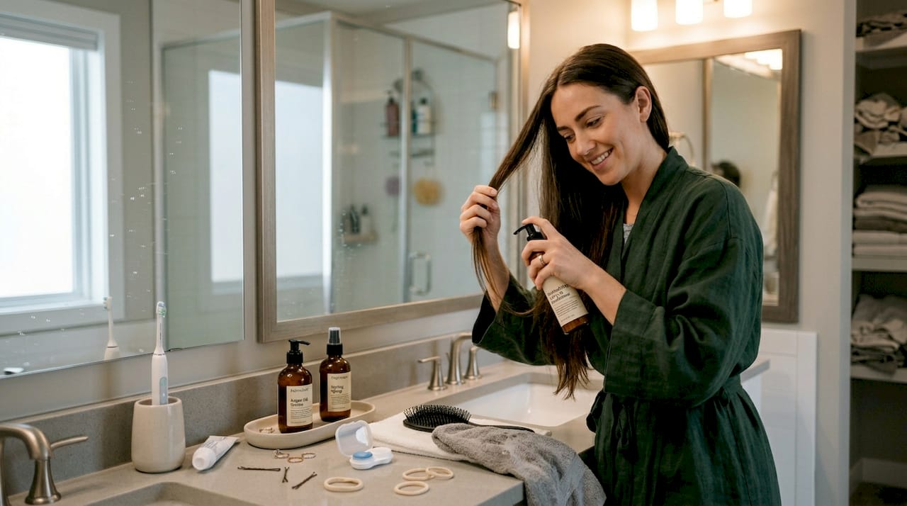 Applying leave-in conditioner to hair extensions