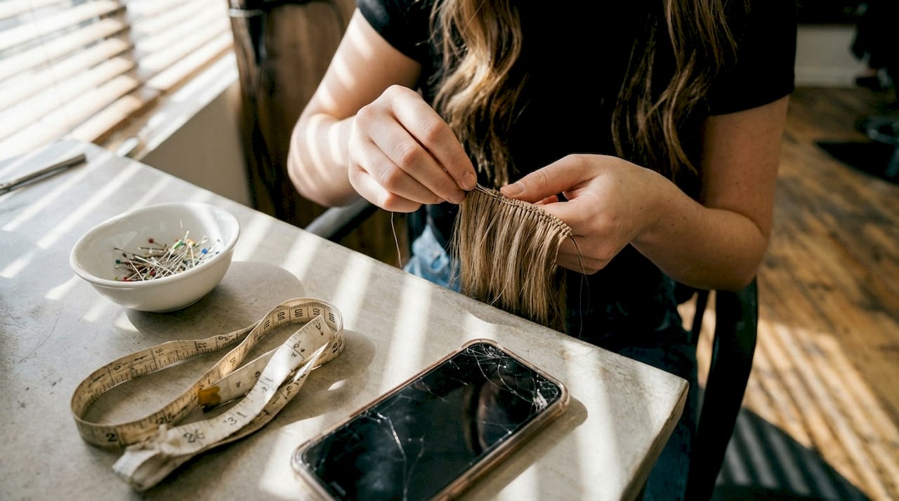 Stylist hand-sewing hair weft extension